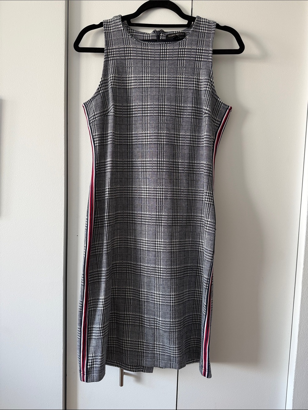 Banana Republic Black & Gray Plaid Midi Dress with Red Stripe Side Trim